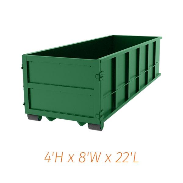 the twenty-yard dumpsters measure 20 feet in length, 8 feet in width, and 5 feet in height